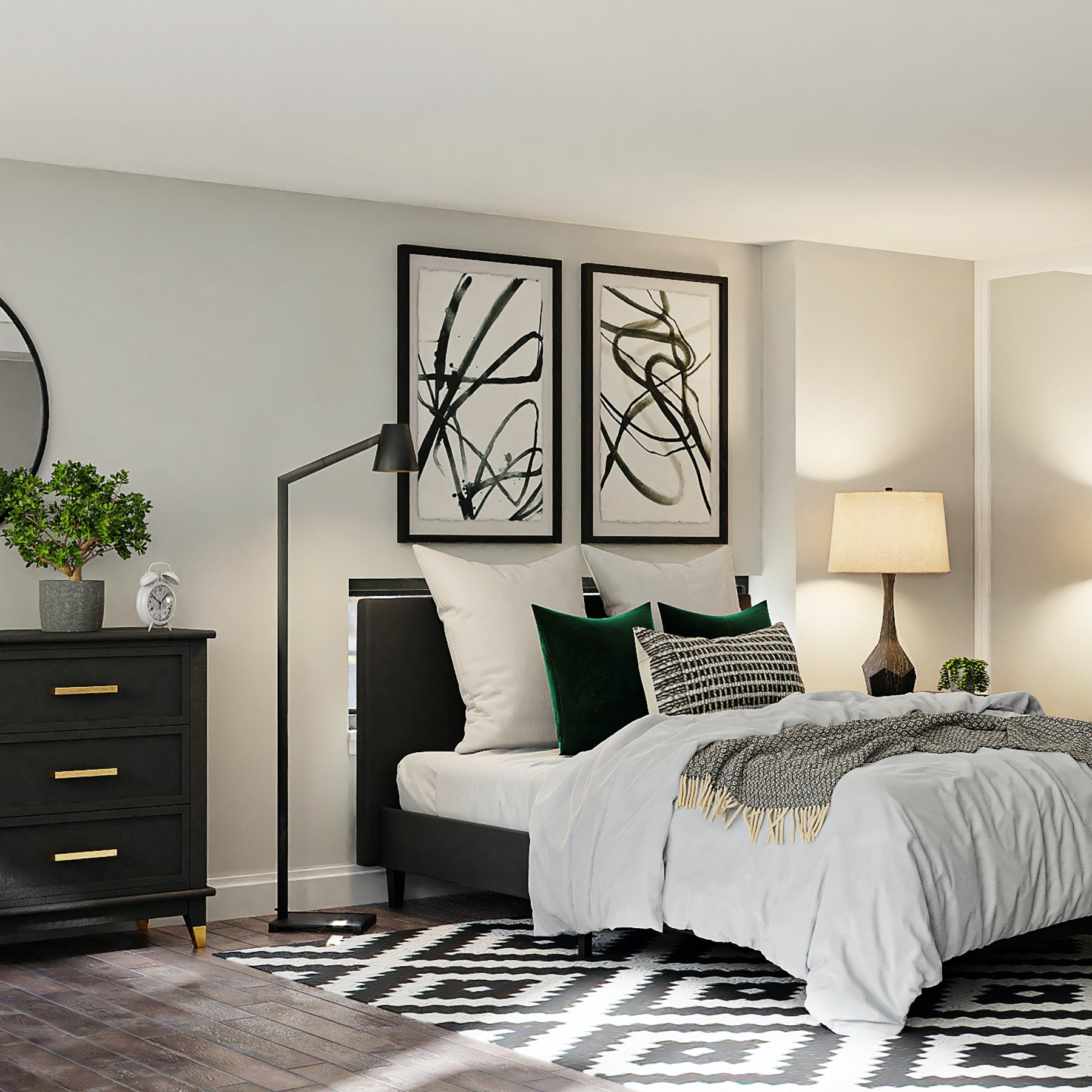 Bedroom with wood floor, geometric rug, large bed, floorstanding lamp, and artwork.
