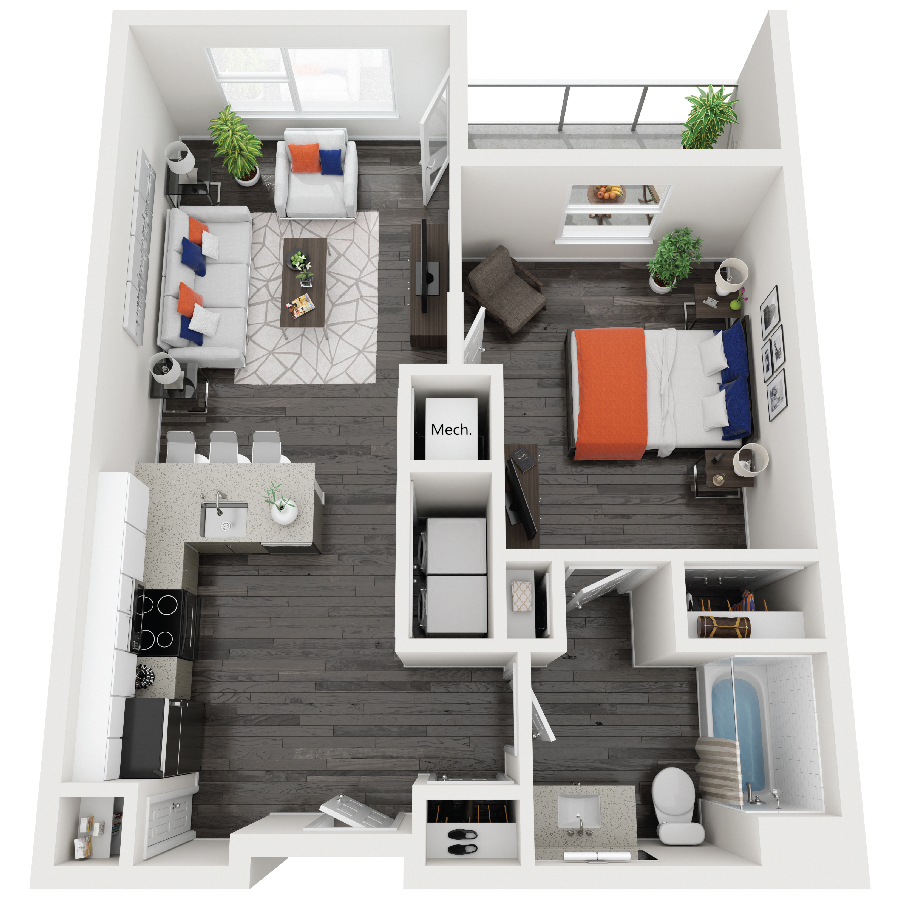 Rendering of the B3- Gemini floor plan with 1 bedroom[s] and 1 bathroom[s] at Constellation
