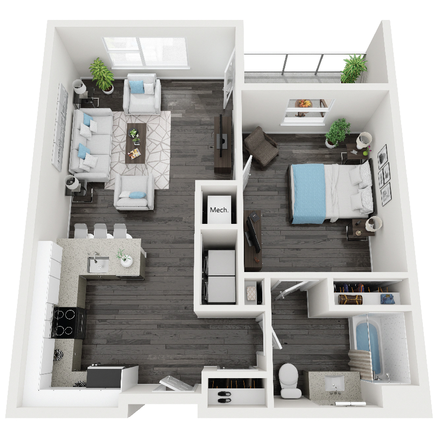 Rendering of the B1-2 – Viking floor plan with 1 bedroom[s] and 1 bathroom[s] at Constellation
