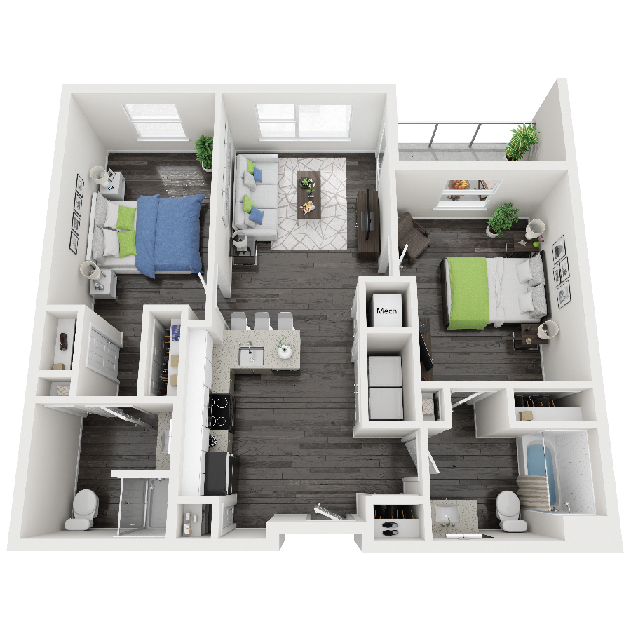 Rendering of the C1 - Artemis 1 floor plan with 2 bedroom[s] and 2 bathroom[s] at Constellation