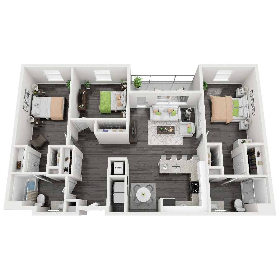 Rendering of the D1 – Spitzer floor plan with 3 bedroom[s] and 2 bathroom[s] at Constellation